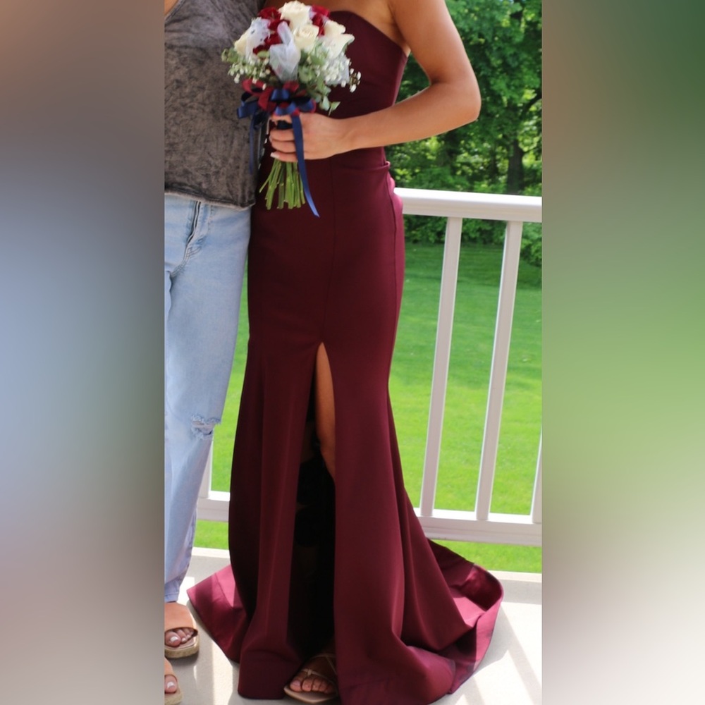 Sherri Hill Burgundy Prom Gown Strapless with Slit